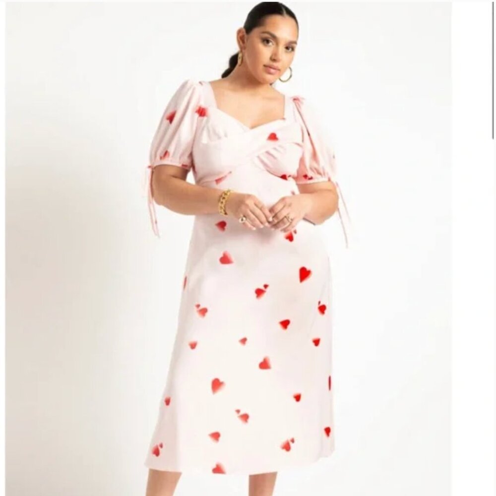 Eloquii Puff Sleeve Satin Dress Pink Heart Print Dress 18 - Picture 6 of 6